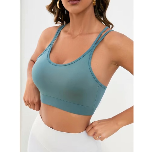 Dusty Blue Double Strap Criss Cross Backless Padded Sports Bra - Picture 2 of 14